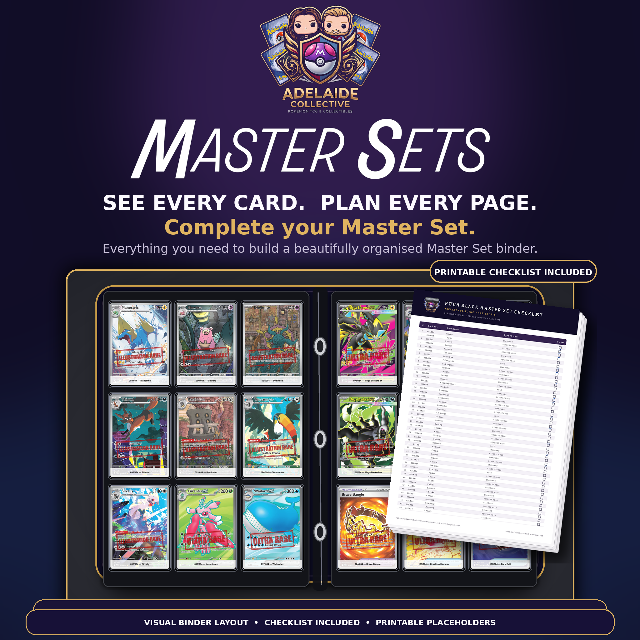 Master Sets printable checklist included with the visual binder layout