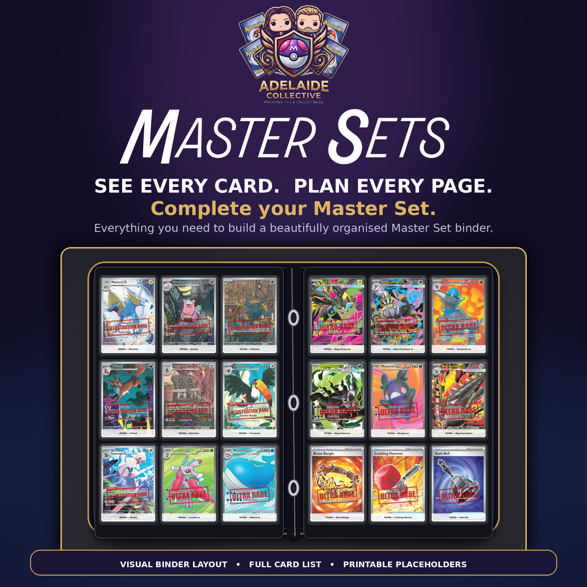 Master Sets visual binder layout with full card list and printable placeholders