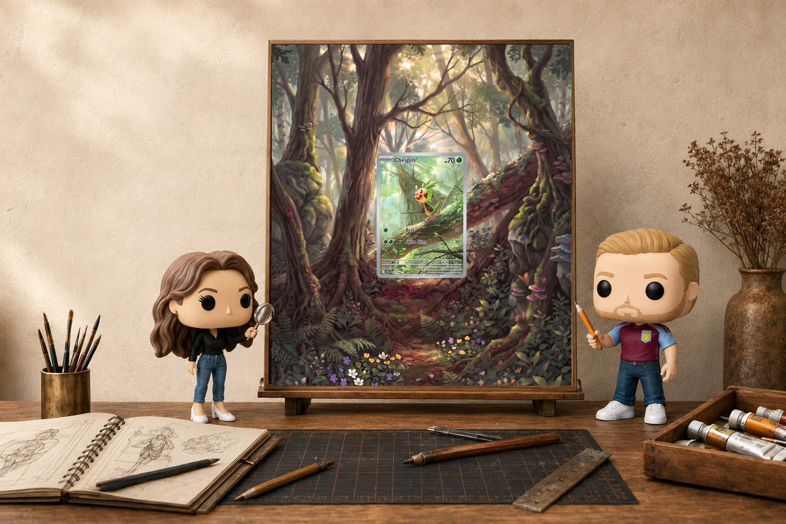 Jess and Matt inspecting a detailed Art, Continued piece